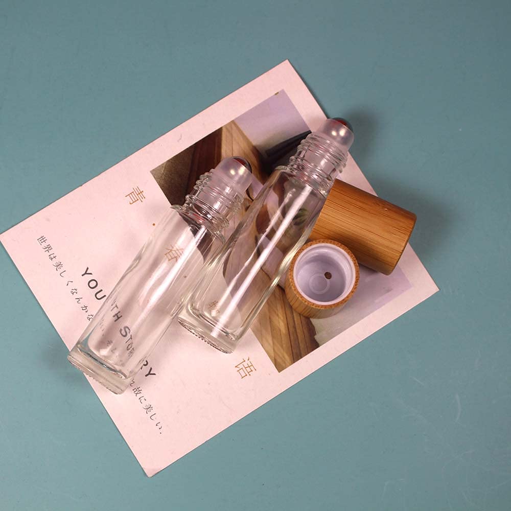 Cosidea 18 Pcs 10Ml Bamboo Roller Bottles With Bamboo Cap For Essential Oils Empty Glass Roll On Perfume Bottle (Clear)